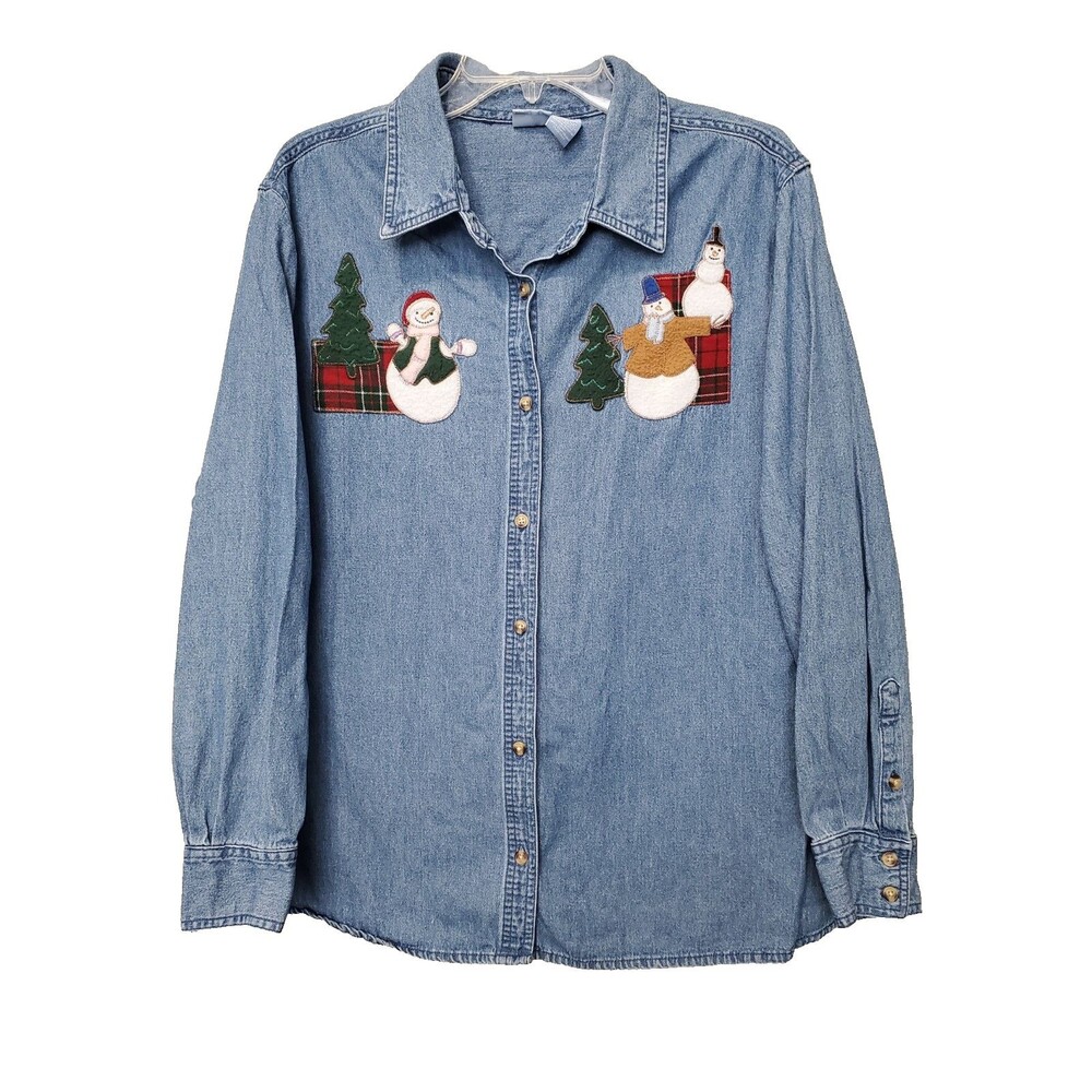 Holiday Editions Denim Embroidered Christmas Snowman Santa Button-Up Shirt Sz 1X